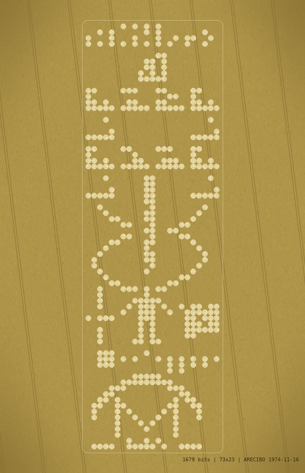 1974 年阿雷西博訊息（73×23 位元）壓成的麥田圈 / The 1974 Arecibo message pressed into a wheat field
